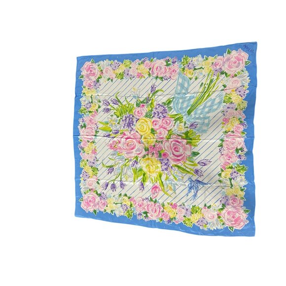 Bob Mackie Floral Silk Scarf Square Blue Pink Wrap Shawl Lightweight Boho NWB - Picture 1 of 8